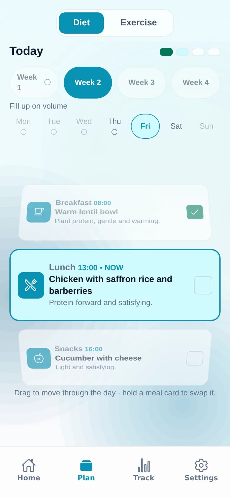 SALUNOTE app plan screen with diet and exercise